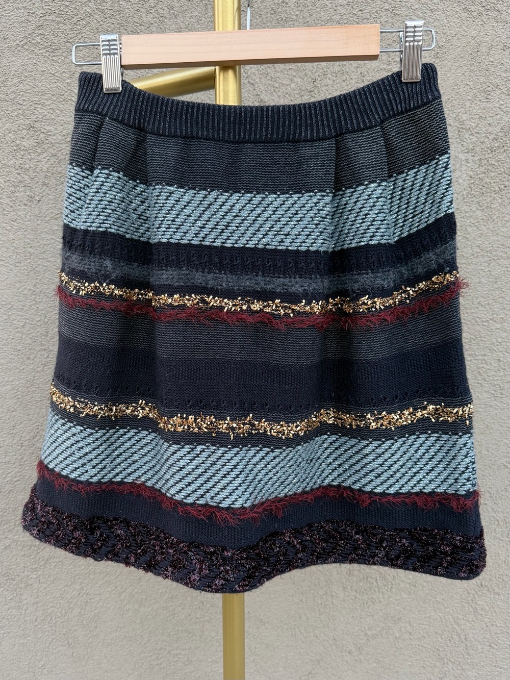 Tory Burch Metallic Striped Wool Knit Pleated Mini Skirt XS